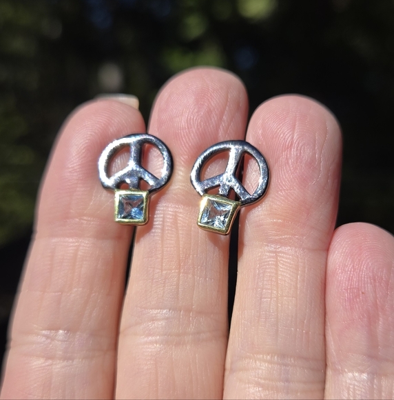 Topaz Natural Gemstone Peace Sign Sterling Rhodium & Gold Earrings 3k Each - Picture 2 of 8